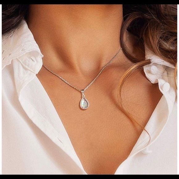 WHITE Opal Sterling Silver Necklace Cubic Zirconia - Picture 5 of 6